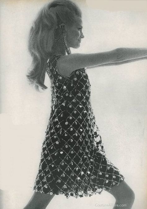 Malcolm Starr dress in black lace covered in silver cording, beads and paillettes. Vintage party dress, 1966. 60s Childhood, Retro Tropical, Bert Stern, 60s 70s Fashion, 60's Dress, Vintage Party Dresses, 60s And 70s Fashion, Fashion 1960s, 1960s Dress