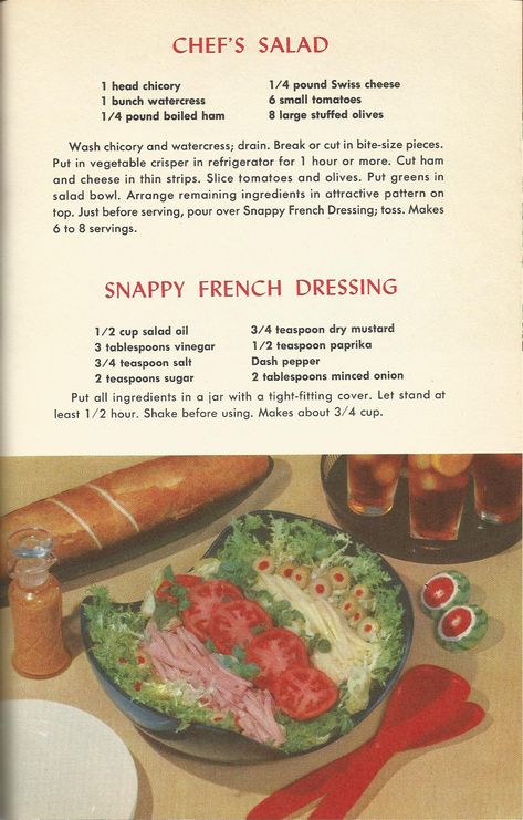 Vintage Recipes 1950s, 1950s Recipes, Boiled Ham, Cottagecore Recipes, 1950s Food, Vegetable Crisps, Chef Salad, Chicken Salad Recipe, Vintage Cooking