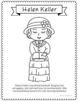 Helen Keller Coloring Book Helen Keller Activities For Kids, Helen Keller Activities, Helen Keller Biography, History Coloring Pages, Biography Activity, Preschool English, Women History, Womens History, Reading Tree