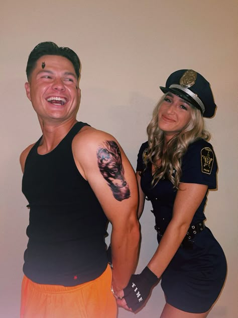 Police Offer Costume, Police And Convict Costume, Couple Halloween Cop And Inmate, Cop And Convict Couple Costume, Cops Robbers Costume, Police Officer And Prisoner Costume Couple, Homemade Cop Costume, Cop Costume Makeup, Cop And Jailer Costume Couple