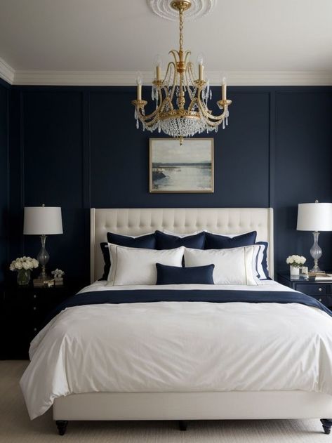 Navy Gold Bedroom, Navy Blue Bedroom Walls, Blue And Cream Living Room, Blue And Cream Bedroom, Cream And White Bedroom, Blue And Gold Bedroom, Empty Rooms Interior, Calm Room, Navy Blue Bedrooms