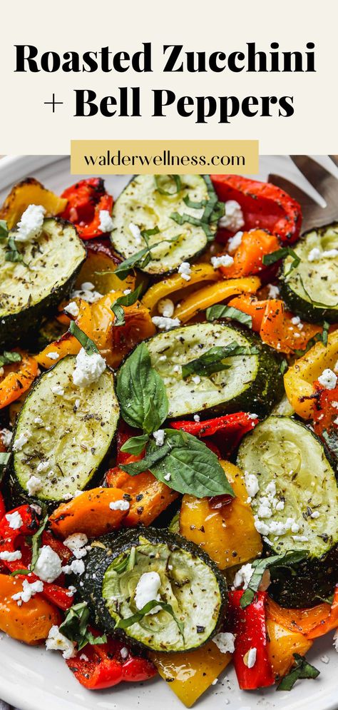 Roasted bell peppers and zucchini on a serving plate. Bell Pepper Side Dish, Zucchini Side Dish Recipes, Oven Roasted Zucchini, Zucchini Side Dishes, Roasted Zucchini, Roast Zucchini, Roasted Vegetable Recipes, Delicious Vegetables, Veggie Side Dishes