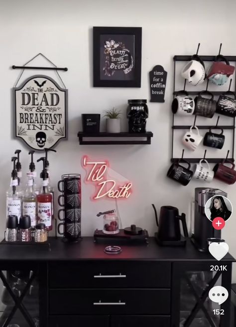 this is from a tik tok i saw but like forreal coffee bar goals! (not my coffee bar) Black Aesthetic House Decor, In House Coffee Bar, Maximalist Coffee Bar Ideas, Black Goth Kitchen, Black Aesthetic Furniture, Coffee Bar Ideas Gothic, Dark Coffee Bar Ideas, Subtle Nerd Home Decor, Kitchen Ideas Moody