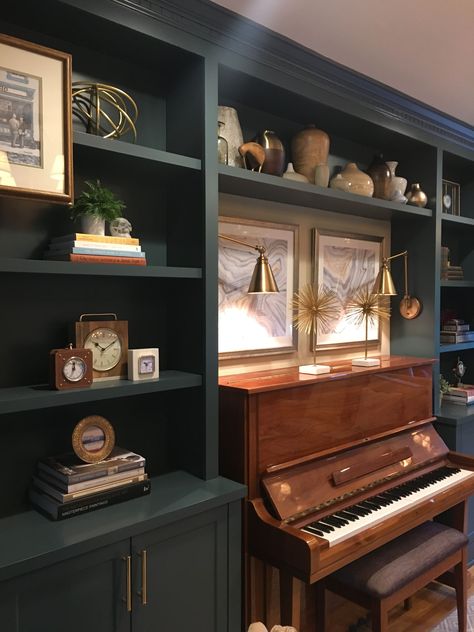 Color Scheme Living Room, Blush Color Scheme, Piano Room Decor, Piano Living Rooms, Piano Room, Home Library Design, Forest Hill, Amazing Home, Entertainment Space