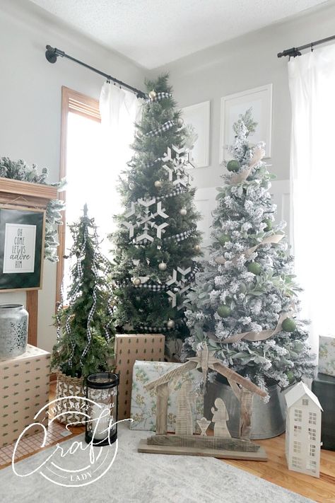 Forest Of Christmas Trees, Decorating With Multiple Christmas Trees, Grouping Christmas Trees Together, Three Christmas Trees Together Ideas, Multiple Christmas Trees In Living Room, Neutral Farmhouse Christmas Tree, Multiple Trees Christmas, Three Christmas Trees Together, 3 Christmas Trees Together