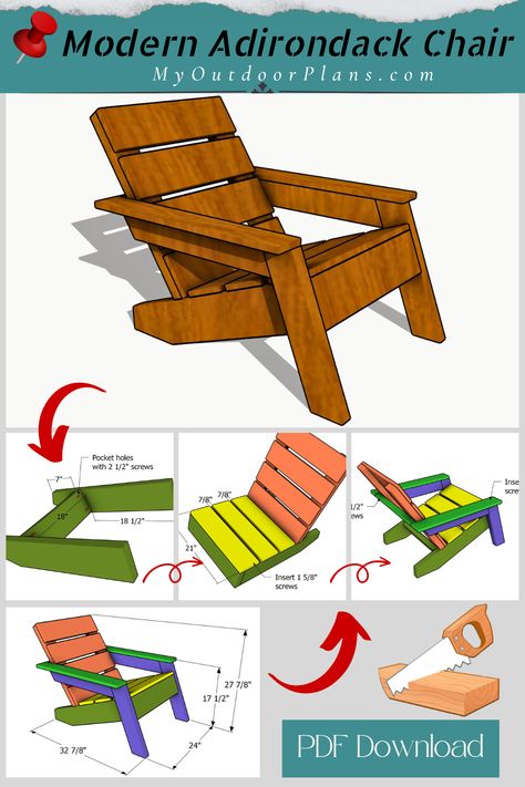 Modern Adirondack Chair – Free Plans | MyOutdoorPlans Modern Adirondack Chair Plans, Free Outdoor Furniture Plans, Diy Adirondack Chair Plans, Farmhouse Bench Plans, Garden Chair Plans, Adirondack Chairs Diy, Build Outdoor Furniture, Kennel Furniture, Garden Bench Plans