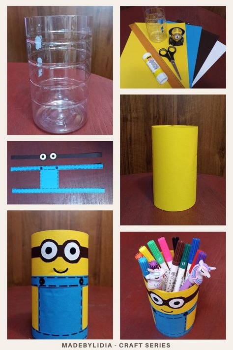 Great idea for recycling plastic bottle and organize your desk, with colorful pen holders for Kids. A step by step tutorial for a minion pen and pencil holder organizer for 'Despicable me' fans. It’s a very quick and easy project. With few required materials you can do a nice Pen and Pencil holder for your desk and get a nice organizer. For a better organization, you can also do few such holders with different sizes and it will look great. Please subscribe for more DIY kids projects Pen Holder Ideas Pencil Organizer, Pen Holder With Plastic Bottle, Minion Pencil Holder, How To Make Pen Holder At Home, Pens Holder Diy Craft Ideas, Pen Holder Diy Plastic Bottles, How To Make Pencil Holder, Pencil Holder Ideas For Kids, Pen Holder Diy Crafts