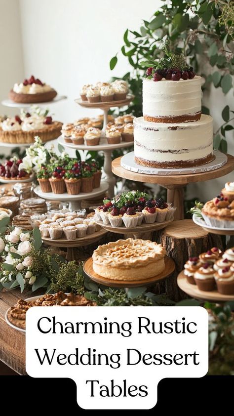 Create a charming rustic wedding dessert table that will delight your guests with delicious treats and stunning decor. Discover creative ideas for rustic displays featuring cakes, pies, cookies, and more, all beautifully arranged to match your theme. With our tips, your dessert table will be an unforgettable highlight of your celebration. Get inspired and elevate your rustic wedding with these delightful dessert ideas! Fall Wedding Dessert Tables, Cake Table Engagement Party, Terracotta Dessert Table, Grooms Dessert Table Ideas, Cookie Table For Wedding Reception, Pies Wedding Display, Autumn Dessert Table, Wedding Desserts Bar, Wedding Dessert Grazing Table