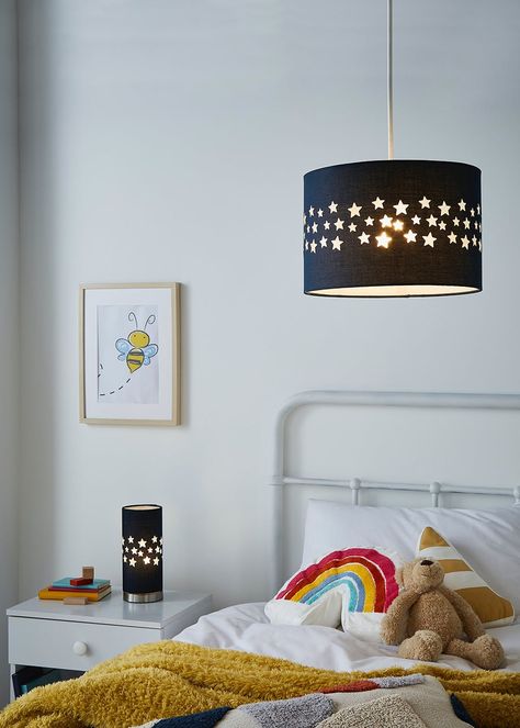 Glow Stars Shade (20cm x 30cm x 30cm) – Navy – Matalan Glow Cloud, Glow Stars, Hexagon Design, Lasercut Design, Led Table Lamp, The Glow, Hexagon Shape, Kids Rooms, Childrens Bedrooms