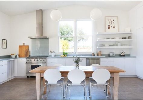 Kitchen With Dining Table, Contemporary Victorian, Victorian Kitchen, Ranch Style House Plans, L Shaped Kitchen, White Dining Chairs, Ranch Style Homes, Kitchen Diner, Favorite Kitchen