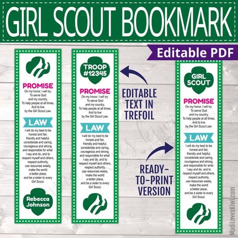 Printable Girl Scout Bookmark Editable Trefoil Book Mark - Etsy Girl Scout Promise And Law Printable, Brownie Gift, Girl Scout Promise, Girl Scout Gifts, Girl Scout Law, Girl Scout Troop Leader, Bookmark Printable, Meeting Activities, Scout Mom