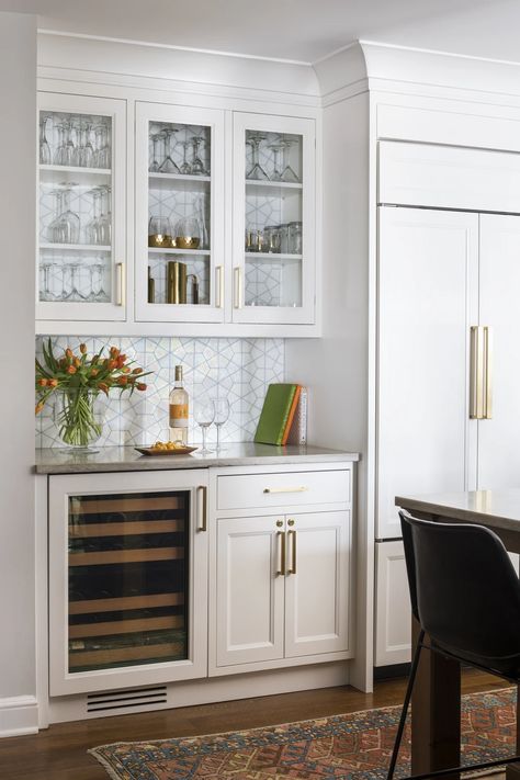 White Butlers Pantry, Kitchen Beverage Center, Pantry In Kitchen, Wine And Coffee Bar, Kitchen Bar Design, Ann Sacks, Modular Kitchen Design, Butlers Pantry, Inside Design