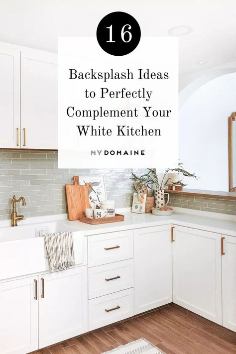 Looking for the right backsplash to complement your white kitchen? We've rounded up the goods with lots of backsplash ideas to help you find the perfect look. Backsplash With White Countertops Glass, Backsplash In White Kitchen Ideas, Kitchen Tiles For White Kitchen, White Counter And White Cabinets, White Quartz And Backsplash, Backsplash White Cabinets White Counter, White Kitchen With Color Backsplash Ideas, White Cabinet And Countertop Backsplash, White Kitchens With Colored Backsplash