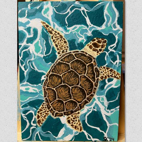 Acrylic painting of a Green Sea Turtle Turtle Ocean Painting, Beach Turtle Painting, Beach Inspired Paintings, Sea Turtle Painting Easy, Sea Turtle Painting Acrylic Easy, Turtle Painting Ideas, Turtle Painting Easy, Sea Turtle Art Painting, Painting Ideas Sea