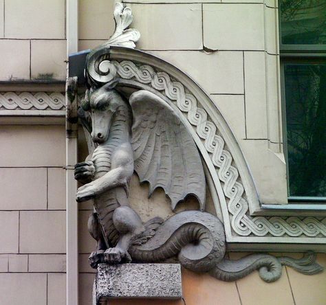 Dragon architecture, Riga, via Flickr. Dragon Architecture, Gothic Gargoyles, Dragon Sculpture, Art Sacre, Mythical Beast, Riga Latvia, Building Art, Mystical Creatures, Dragon Art