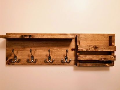 Simple DIY entry way coat rack with mail organizer and floating shelf. #diy #coatrack #foyer #entryway #diyhomedecor Wood Working Shelf, Woodwork To Sell, Diy Mail And Key Holder, Diy Wood Key Holder, Entry Coat Rack Ideas, Diy Coat Rack Wall Entryway, Coat Rack Diy Wall, Diy Coat Rack Wall, Diy Key Rack