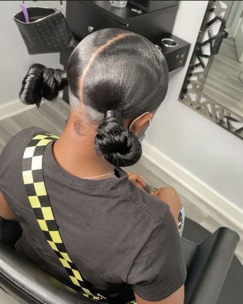 A Swoop With Two Buns, 2 Low Knot Buns, Knot Bun With Swoop, Bhaddie Hairstyle, Skunk Stripe, Top Knot Bun, Natural Hair Bun Styles, Sleek Ponytail Hairstyles, Knot Bun