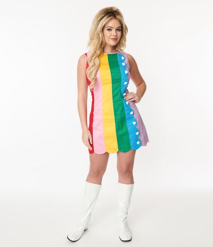 Smak Parlour 1960s Rainbow Stripe Scallop Mini Dress 60s Inspired Fashion, 80s Inspired Outfits, 1960s Inspired, 70s Inspired Fashion, Rainbow Dress, 1960s Fashion, Fashion Costume, Scalloped Hem, Unique Dresses