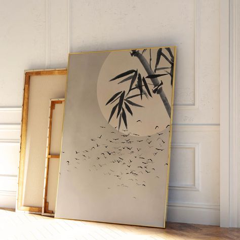 Japanese Wall Art Print, Flying Birds, Beige, Bamboo Landscape, Sun, Living Room Decor, Large, Japandi Art, Zen, Wabi Sabi, Neutral Wall Art by Aureous on Etsy Japandi Artwork, Bamboo Artwork, Living Room Decor Large, Japanese Calligraphy Art, Bamboo Landscape, Japanese Wall Decor, Japandi Art, Neutral Artwork, Extra Large Art