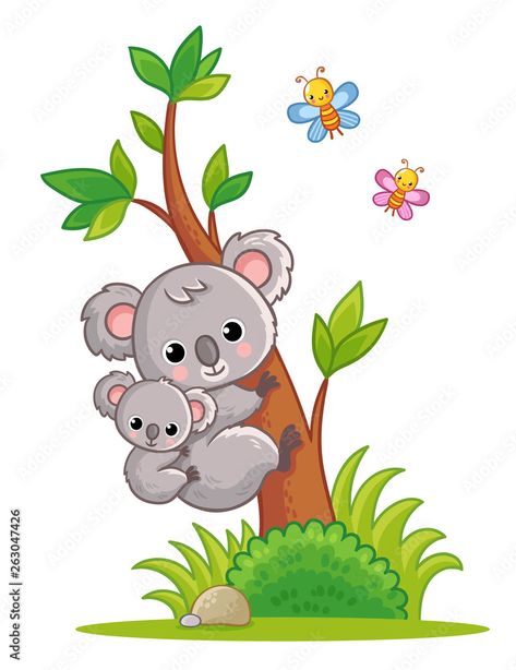 Koala with a cub on its back climbs a tree. Vector illustration with cute animal. Stock Vector | Adobe Stock Koala Illustration, Tree Vector Illustration, Baby Animal Drawings, School Wall Art, Tree Vector, Baby Koala, C2c Crochet, Art Drawings For Kids, Animal Clipart