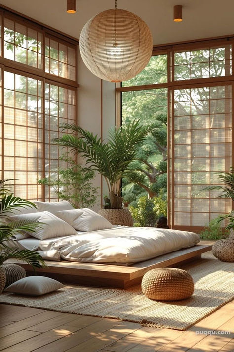 #home #aesthetic Japan Aesthetic Home Decor, Japan Home Aesthetic, Traditional Japanese Home Aesthetic, Japanese Countryside House Aesthetic, Japanese Architecture Bedroom, Japandi Bedroom Ideas, Peaceful View, Japanese Style Bedroom, Japandi Bedroom