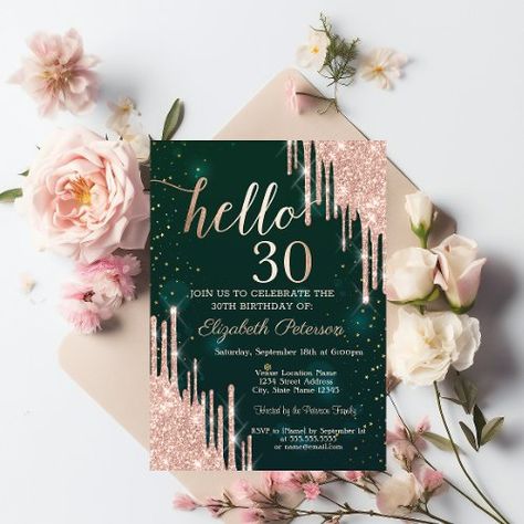 $1.95 | Modern Rose Gold Glitter Drips Green 30th Birthday - princess, girly, festive, stylish, drops, rose gold, 30th birthday, thirty, drips, green Gold 30th Birthday, 85th Birthday, Princess Invitations, Modern Birthday, 30th Birthday Invitations, Birthday Princess, Holiday Party Invitations, Modern Invitation, Rose Gold Glitter