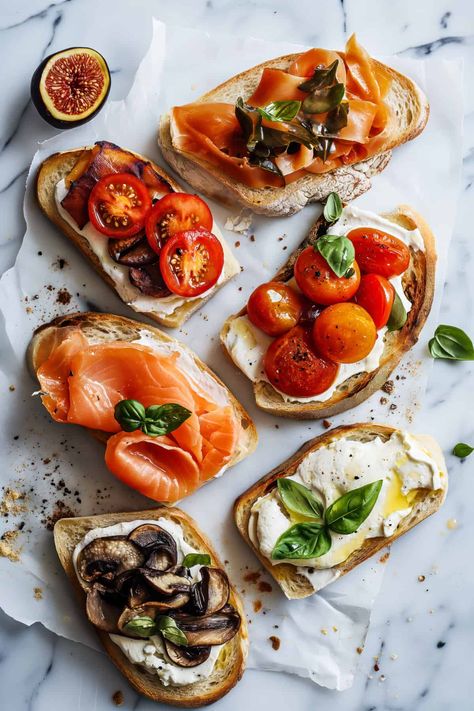 This easy bruschetta bar is perfect party food. Easy toppings with mushrooms, tomatoes, and smoked salmon. Authentic Italian Bruschetta bar. #bruschetta #snack #easyrecipe