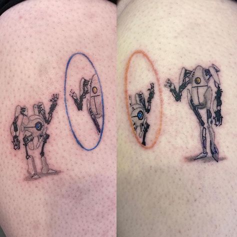 Atlas And P Body Portal Art, Portal 2 Tattoo Ideas, Atlas And P Body Portal, Portal 2 Atlas And P-body Art, Portal Game Tattoo Ideas, Subnautica Tattoo Ideas, Wii Controller Sibling Tattoo, Horizon Game Tattoo, Gaming Matching Tattoos