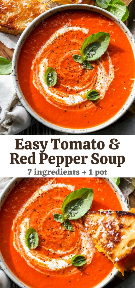 Red Bell Pepper Soup, Tomato And Red Pepper Soup, Tomato Red Pepper Soup, Roasted Pepper Soup, Tomatoe Soup, Easy Tomato Soup Recipe, Bell Pepper Soup, Bisque Soup, Tomato Soup Easy