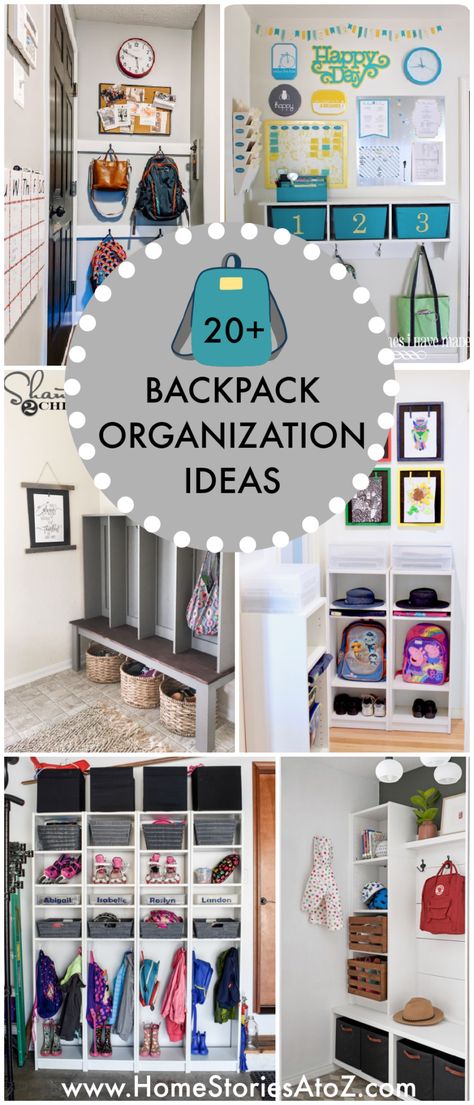 Backpack Station At Home Diy, School Bags Storage Ideas, Hallway School Bag Storage, School Bag Hanging Ideas, Backpack Spot At Home, Organize School Bag, School Bag Station At Home, School Bag Drop Zone, Home Backpack Storage