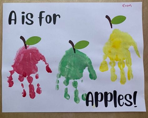 Just add handprints for this apple craft! May Projects For Toddlers, Handprint Apple Craft, A Is For Apple Handprint, Apple Tree Handprint Craft, Apple Art Projects For Toddlers, Apple Crafts Preschool Toddlers, Apples Arts And Crafts For Toddlers, Apple Daycare Crafts, Animal Hand Print Art