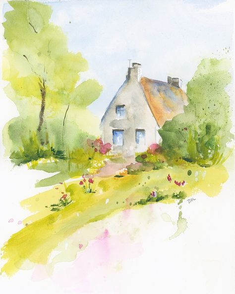 Draw Canvas, Cottage Landscape, Easy Canvas Painting Ideas, Watercolor Pencil Art, Watercolor Calendar, Watercolor Blog, Cottage Painting, Watercolor Architecture, Easy Canvas