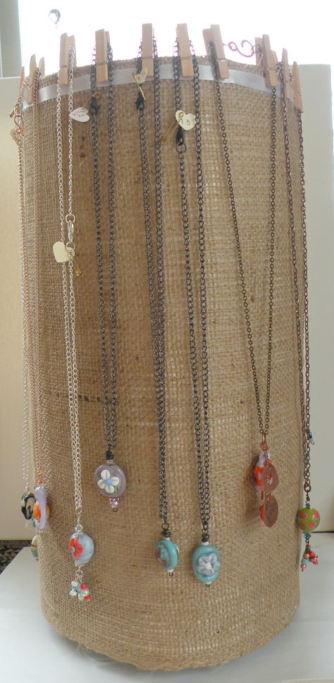 Diy Necklace Display Stand How To Make, Diy Lanyard Display, Diy Pendant Display Jewelry Holder, Necklace Sale Display, Displaying Necklaces For Sale, How To Display Necklaces, How To Display Necklaces At A Craft Show, Unique Necklace Display, Diy Jewelry Display Necklaces