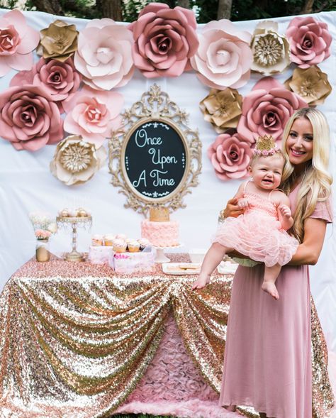 Once Upon A Time 1st Birthday Party... - A Touch of Pink Flower Backdrop Birthday, Birthday Dessert Table, Baby First Birthday Themes, Princess First Birthday, Birthday Party Idea, Flower Birthday Party, 1st Birthday Girl Decorations, Birthday Dessert