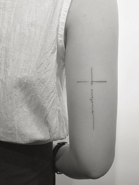 Crossword Tattoo Ideas, Cross Fine Line Tattoo, Cross Spine Tattoos For Women, Back Elbow Tattoo, It Is Finished Tattoo, All In Tattoo, Above Elbow Tattoos For Women, Resilient Tattoo, Above Elbow Tattoo