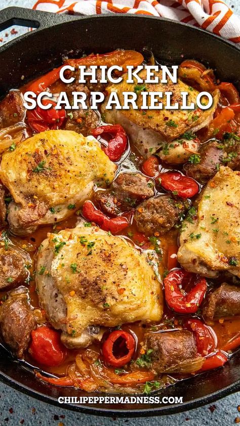 Chicken Scarpariello in a skillet. Chicken Scarpariello Recipe, Chicken Scarpariello, Italian Dinner Recipes, Mild Italian Sausage, Hot Italian Sausage, Chicken Main Dishes, Kielbasa, Chicken Dishes Recipes, Chicken Thigh Recipes