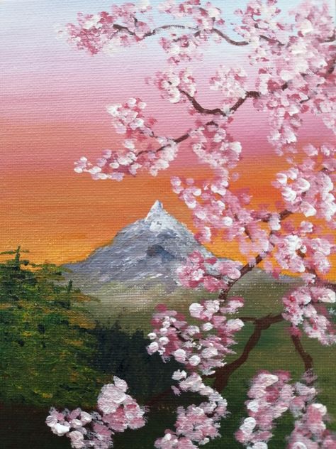 Blossom Trees Drawing, Japanese Blossom Painting, Canvas Cherry Blossom Painting, Painting Blossom Tree, Painting Ideas On Canvas Cherry Blossoms, 5 X 7 Canvas Paintings, Painting On A Big Canvas, Japanese Trees Painting, Mount Fuji Painting Acrylic