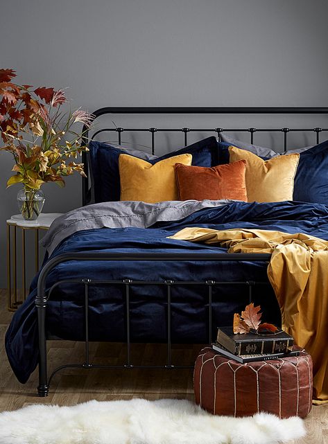 Mustard Bedroom, Velvet Duvet Cover, Navy Bedrooms, Velvet Duvet, Blue Bedroom Decor, Bedroom Orange, Eclectic Bedroom, Yellow Bedroom, Blue Bedroom