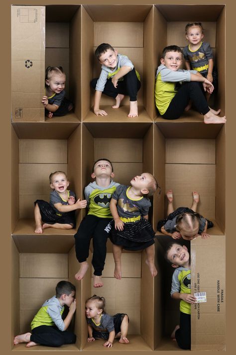 Cardboard Box Tutorial  - learn how to make these fun collages with just a simple brown box Box Collage Photography, Baby In A Box Photography, Cardboard Box Pictures, Cardboard Box Christmas Photo, Cardboard Box Photoshoot, Box Photography Ideas, Inside The Box Photography, Cardboard Box Template, In The Box Photos