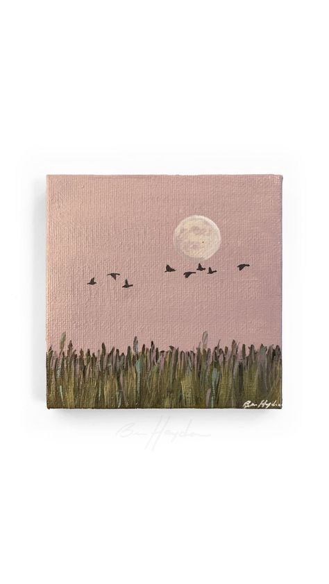 Mini acrylic painting by Brie Hayden showing geese flying over a field with a full moon in a pink sky Small Art Work, Simple Painting Gift Ideas, Painting Ideas Simple Acrylic, Pink Simple Painting, Small Painting Inspiration, Small Mini Canvas Paintings, Full Canvas Painting, Small Cute Painting Ideas, Simple Art To Paint