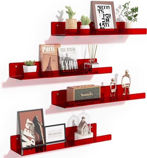 Amazon.com: upsimples Clear Red Acrylic Shelves for Wall Storage, 15" Acrylic Floating Shelves Wall Mounted, Kids Bookshelf, Display Ledge Wall Shelves for Bedroom, Living Room, Bathroom, Set of 4 : Home & Kitchen Bookshelves For Kids, Red Bookshelf, Acrylic Floating Shelves, Display Ledge, Invisible Shelves, Kitchen Room Decor, Acrylic Bookshelf, Acrylic Wall Shelf, Ledge Wall