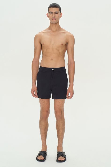 SPRING 2024 MENS COLLECTION The Luke Trunk in Black. Embark on aquatic adventures with these classic swim bottoms, a blend of functionality and sleek design. Featuring a comfortable, supportive mesh lining and an elastic waistband with an adjustable drawstring, they offer a secure fit for active swim sessions or relaxed sunbathing. The trunks are cut to a flattering length, ensuring ease of movement without compromising on style. Man Figure Pose, Male Body Profile Reference, Men Figure Reference, Full Body Male Reference Photo, Male Body Reference Models, Slim Male Body Reference, Pose Ref Male, Men Body Reference, Man Model Pose