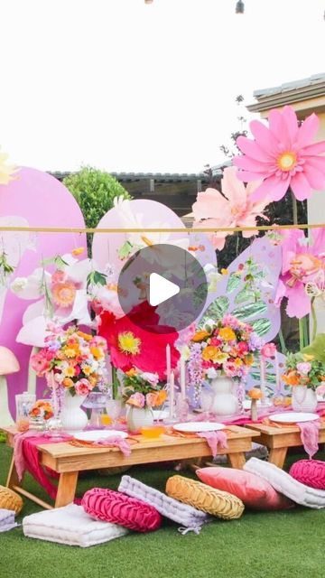 Kim Coffin | Cricut, Sewing, Crafts, & DIY on Instagram: "Set up for a magical garden party with me!✨

I hand made the decor for this party from the giant standing crepe paper flowers to the oversized mushrooms and even the wooden butterflies. 🦋🌸🍄

Follow @sweetredpoppy for more crafting inspiration and tutorials! Don’t forget to save this reel for later!

Check out my previous reels to see how I created all of the decor for this party!" Magic Forest Decoration Diy, Diy Fairy Birthday Decorations, Fairies Forest, Enchanted Forest Party, Pink Party Theme, Forest Party, Enchanted Fairies, Crafting Inspiration, Forest Decor