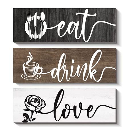 PRICES MAY VARY. 【Kitchen Signs Wall Decor】 rustic kitchen decor, cute farmhouse wall decor, great for dining room, restaurant, living room, bar coffee corner Decoration. 【Premium Materials】This Kitchen wall decor sign is made of wood, light wight but strong, the printing is very clear and highly restored colors on wood. The rustic kitchen sign can be decorated for a long time. 【Perfect Size】Each Wooden sign measures 13.7" x 4.7" x 0.3", 3 panles in total. Perfect size for catching your eyes whi Kitchen Words Decor, Kitchen Sign Ideas, Diy Kitchen Wall Decor Ideas, Kitchen Signs Diy, Kitchen Sign Diy, Kitchen Decor Frames, Dinning Room Wall Art, Coffee Kitchen Decor, Kitchen Wall Art Set