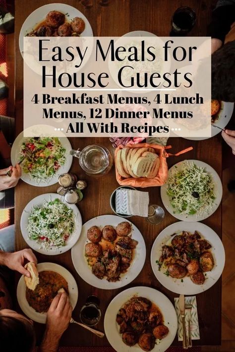 4 breakfast menus, 4 lunch menus, and 12 dinner menus all with recipes. This is a great resource to make entertaining house guests easy! Meals For House Guests, Lunch Menu For Guests, Dinner Guests Recipes, Entertaining Food Dinner, Easy Entertaining Dinner, Entertaining Dinner, Meal Planning Menus, Entertaining House, House Guests