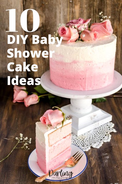 Easy to make DIY Baby Shower Cakes. Get full recipes and instructions for 10 of the prettiest DIY Baby Shower cake ideas. #babyshowercakes #DIYbabyshowercakes #DIYbabyshowercakeideas Fall Shower Cake Ideas, Babyshower Cake Pink, Pink Baby Shower Cake Ideas, New Baby Cakes Girl, Baby Girl Cakes For Showers, Baby Shower Cakes Girl Simple, Pink And Gold Baby Shower Cake, Tort Baby Shower Girl, Babyshowercakes Cake Designs