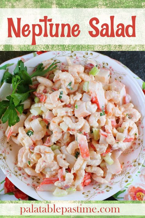 Neptune salad is a retro salad composed of various seafood, such as small shrimp, crab, or imitation crab in a mayonnaise based dressing. via @suelau1 Neptune Salad Recipe, Lobster Salad Recipes, Meaty Salads, Neptune Salad, Small Shrimp, Cottage Cheese Desserts, Salad Mixes, Sea Food Salad Recipes, Fish Burger