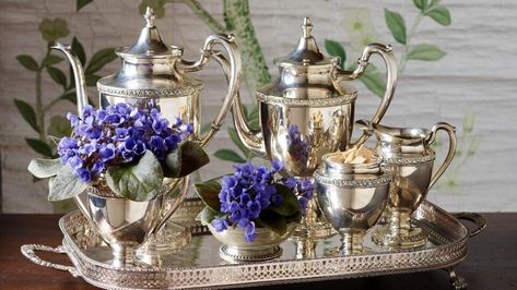 Silver Tea Set Display, Tea Set Display, Cleaning Tarnished Silver, Silver Display, Georg Jensen Silver, Silver Tea Set, Semi Homemade, Silver Teapot, Homemade Cleaning