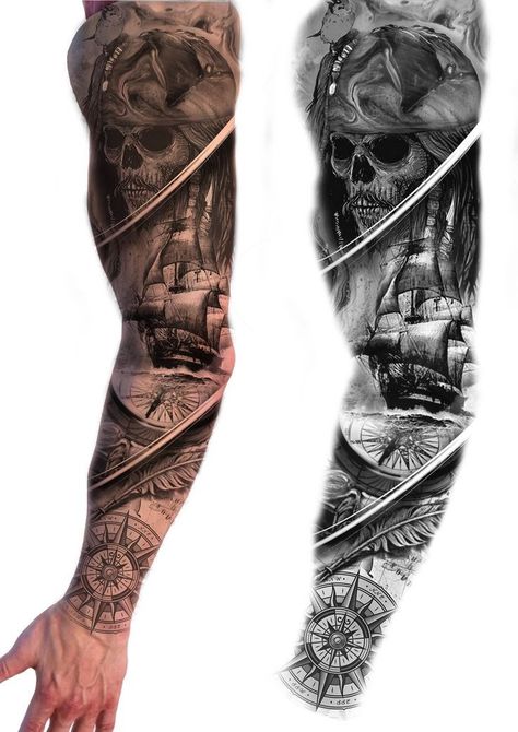 Pirate Tattoo Leg, Pirate Tattoo Sleeve, Nautical Sleeve, Nautical Tattoo Sleeve, Egyptian Tattoo Sleeve, Skull Hand Tattoo, Black Tattoo Cover Up, Pirate Tattoo, Full Sleeve Tattoo Design