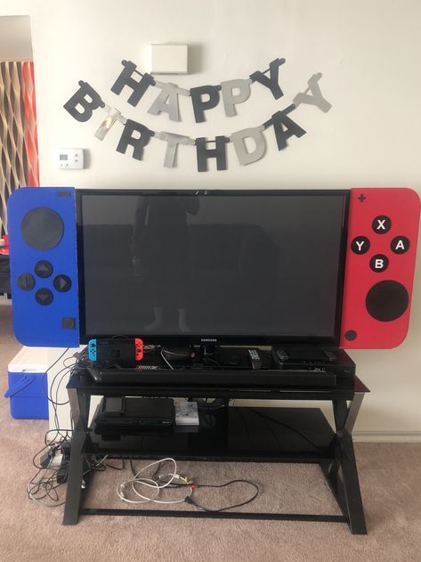 Nintendo Themed Party, Cardboard Nintendo Switch, Level 9 Birthday Party, Nintendo Switch Party Decorations, Diy Video Game Party Decor, Nintendo Themed Birthday Party, Nintendo Party Decorations, Switch Party Ideas, Switch Birthday Party Ideas